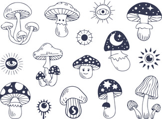 Obraz premium Mystical mushroom and sun seamless pattern with whimsical design elements