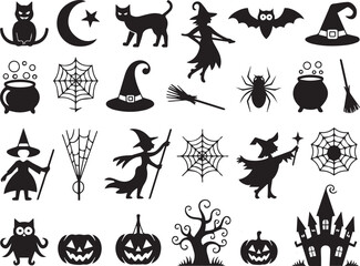 Naklejka premium Halloween silhouette set of spooky elements including witches cats and pumpkins