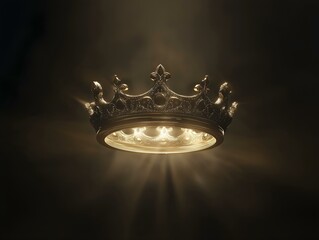 golden crown, light rays, dark background, royal symbol, majestic presence