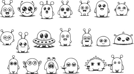 Doodle style cartoon aliens and flying saucer set black and white characters