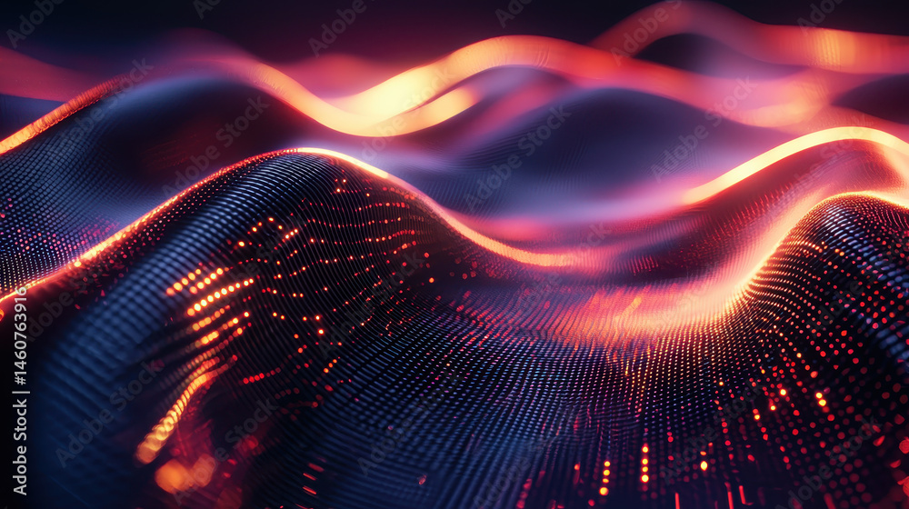 Poster realistic 4k 3d o art shows a mesmerizing side angle view of flowing digital waves, creating a capti