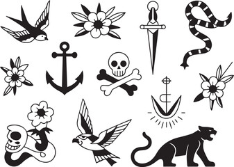 Traditional tattoo flash set black and white vector illustration