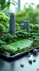 Green city park, soccer field on a digital device Lush greenery surrounds buildings and a soccer field on a laptop