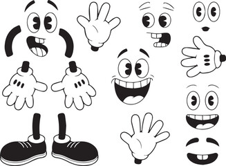 Classic cartoon character parts vector illustration set isolated on white background