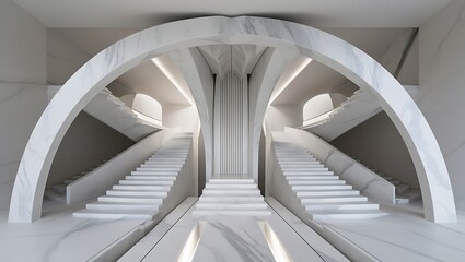 Fototapeta premium Modern architectural design displaying elegant white marble staircases and arches in a luxurious space