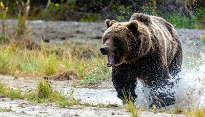 Obraz premium A powerful brown bear runs through shallow water, splashing as it moves aggressively in a wild, natural habitat.
