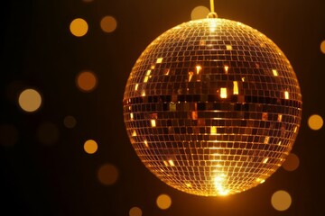 Obraz premium Golden disco ball illuminated in a dark space.