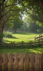 Obraz premium Rustic wooden fence displays poster, green park backdrop, realistic, nature