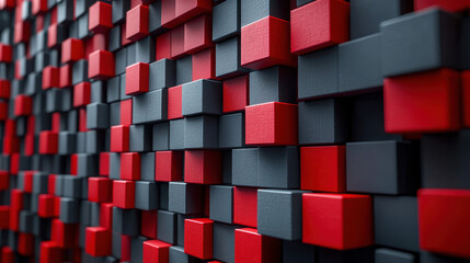 Fototapeta premium Realistic side angle 4K rende showcases a dynamic three dimensional background with an abstract o design of gray and red cubes in a detailed pattern.