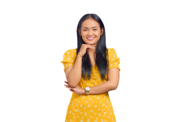 Portrait of smiling young Asian woman raised hand with a crossed arm isolated on transparent background