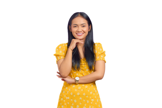 Portrait of smiling young Asian woman raised hand with a crossed arm isolated on transparent background