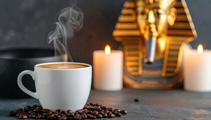 A steaming cup of coffee with scattered beans, candles, and a golden Egyptian pharaoh mask in the background.