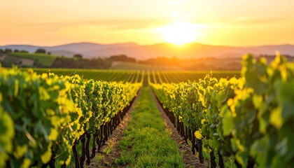 Fototapeta premium Rows of lush grapevines stretch toward a glowing sunset in a scenic vineyard landscape.