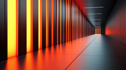Fototapeta premium Realistic 4K 3D o representation background showcases a futuristic corridor with glowing orange vertical lines on the side reflecting on the floor creating depth.