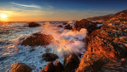 Fototapeta premium coastline with crashing waves, sea spray, and golden 