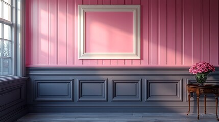 Pink wall, gray wainscoting, empty frame, flowers