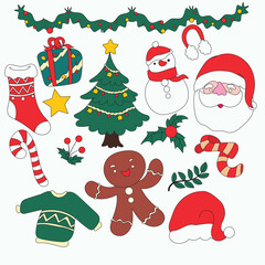 Hand-drawn Christmas element set featuring festive icons in a cute, doodle style for holiday design use.