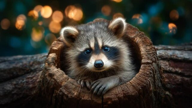 A curious raccoon peeks out from a tree stump, surrounded by a softly blurred forest background