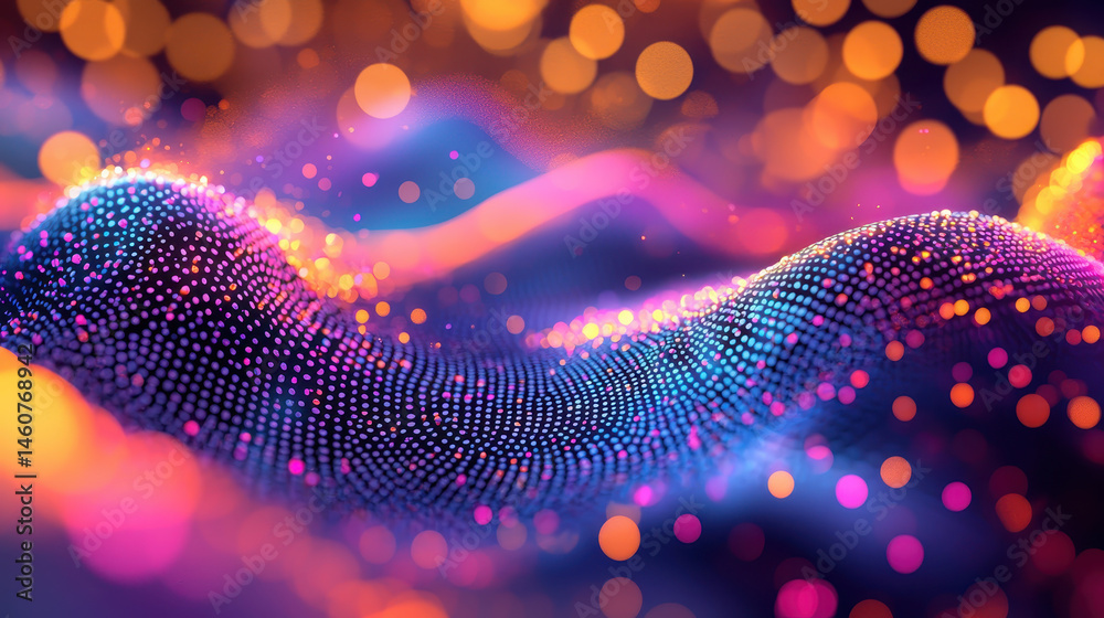 Poster 3d o visualization shows illuminated dots forming flowing waves against a soft bokeh background for 