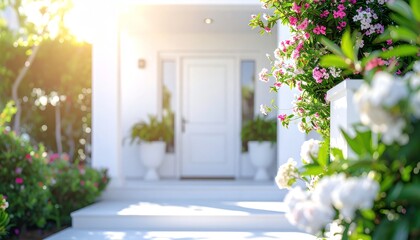 A bright, welcoming house entrance with blooming flowers, lush greenery, and sunlight highlighting a clean white front door.