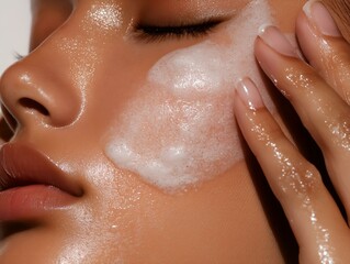 woman applying skincare product: creamy texture, close up, soft lighting