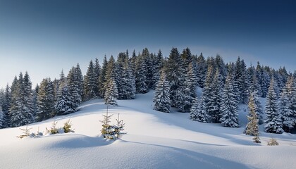 Fototapeta premium covered hill with pine trees under a clear, pale winter 