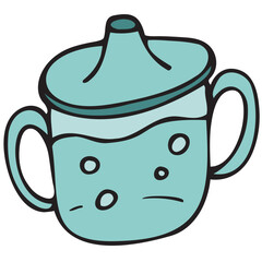 spill-proof mug for a small child, vector cute colored children s element in doodle style with black outline, delicate colors