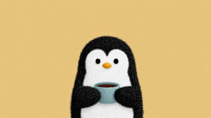 Naklejka premium A penguin in a scarf holding a cup of cocoa with snowflakes in the background.