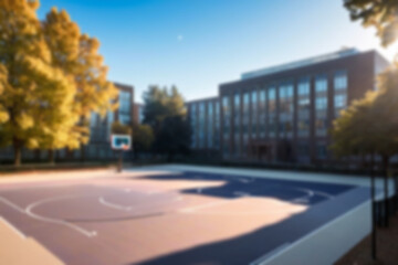 blurry school yard, with a yard full of trees and sunny weather, blurry school yard background