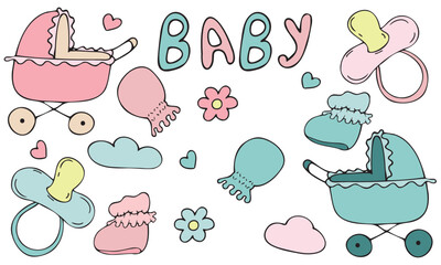 children s items in pink and blue, gender party - boy or girl, holiday decor, vector set of cute colored children s elements in doodle style with black outline, set of elements