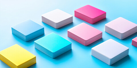 Fototapeta premium A flatlay image showcasing colorful stacks of blank cards arranged on a light blue background.