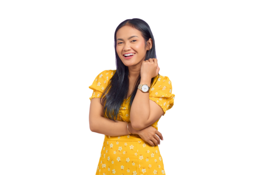 Portrait of smiling young Asian woman raised hand with a crossed arm isolated on transparent background