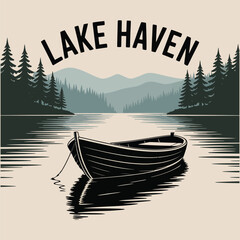 A tranquil lake reflects the sunset sky as a fishing boat and canoe rest on the water, embraced by nature's green landscape