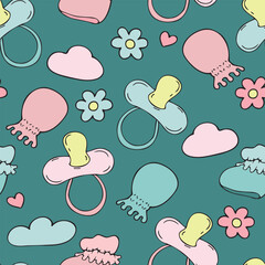 pink and blue pacifiers, scratching mittens and a shell with flowers on a turquoise background, vector seamless pattern, cute children s drawing in doodle style, with black outline