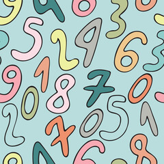 multicolored numbers on a blue background, mathematics, vector seamless pattern, cute children s drawing in doodle style, with black outline