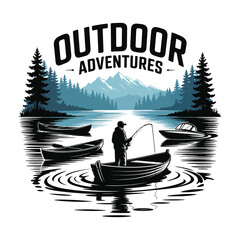 A boat floats on the calm lake water as the sun sets, casting a warm silhouette against the colorful evening sky