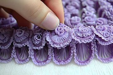Delicate purple lace trim with rose details close up view