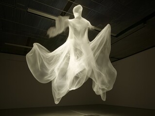Fototapeta premium white fabric sculpture, dynamic form, dark background, flowing lines, artistic installation