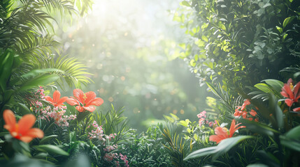 Botanical 3D exploration reveals a lush, realistic 4K jungle scene with vibrant red hibiscus and intricate foliage, bathed in a soft, ethereal light glow.