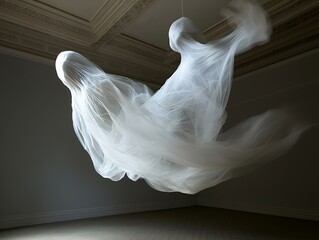 Fototapeta premium white fabric sculpture, dynamic pose, dark background, flowing lines, artistic expression