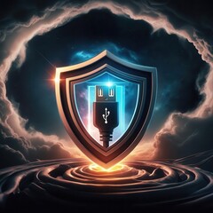 Fototapeta premium Data USB blocker security concepts. A shield with a USB symbol at its center stands in a glowing, futuristic setting, representing data protection and cybersecurity.