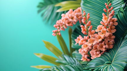 Fototapeta premium Botanical 3D render in 4K showcasing realistic coral flowers and lush green leaves against a vibrant teal backdrop, evoking fresh sptime inspirations.