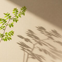 Shadows of delicate branches and small leaves swaying in sunlight, projected on a beige wall, peaceful and minimal botanical style