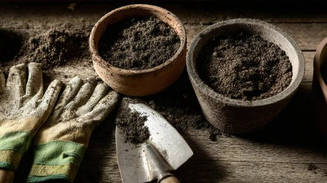 Close-up of gardening tools and pots filled with soil on a rustic wooden surface, ideal for planting