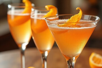 Three elegant cocktails garnished with orange zest.