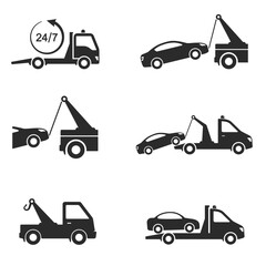 Tow truck, Car towing vector icon set isolated on white. Car evacuation sign