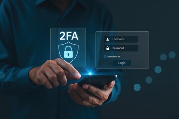 Man using smartphone with 2FA security lock for account login