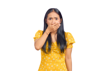 Portrait of shocked young Asian woman covering mouth with hand isolated on transparent background