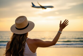 Woman waving goodbye to an airplane at sunset on a beach