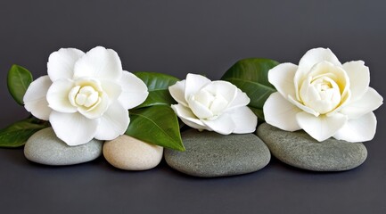 Delicate white flowers rest on smooth stones, with lush green leaves